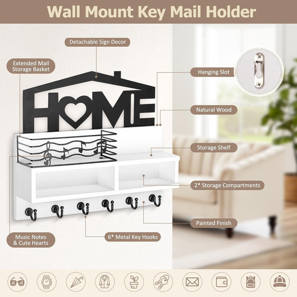 VIS'V Key Holder Wall Mount, Decorative Wood Mail and Key Organizer, White
