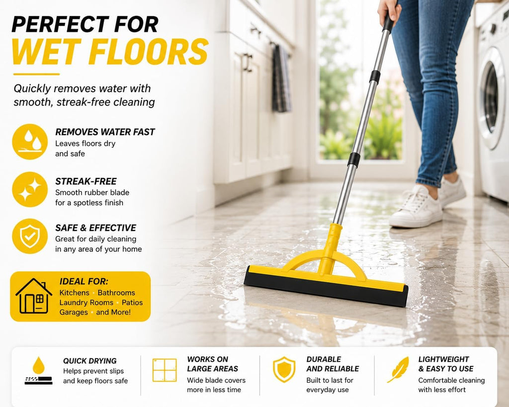 2-in-1 Floor Squeegee & Broom Kit with Telescopic Handle, 17.5 Inch Heavy Duty Water Squeegee for Tile, Concrete, Marble, Garage & Shower, Includes 2 Cotton Cloths