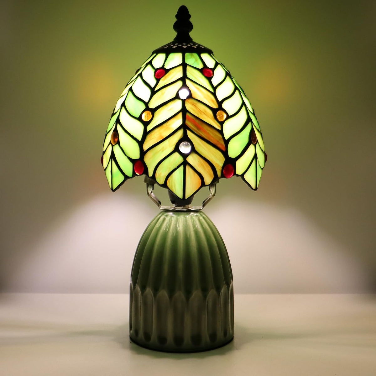 Tiffany Stained Glass Mushroom Table Lamp 12.5 Inch -Green Leaf