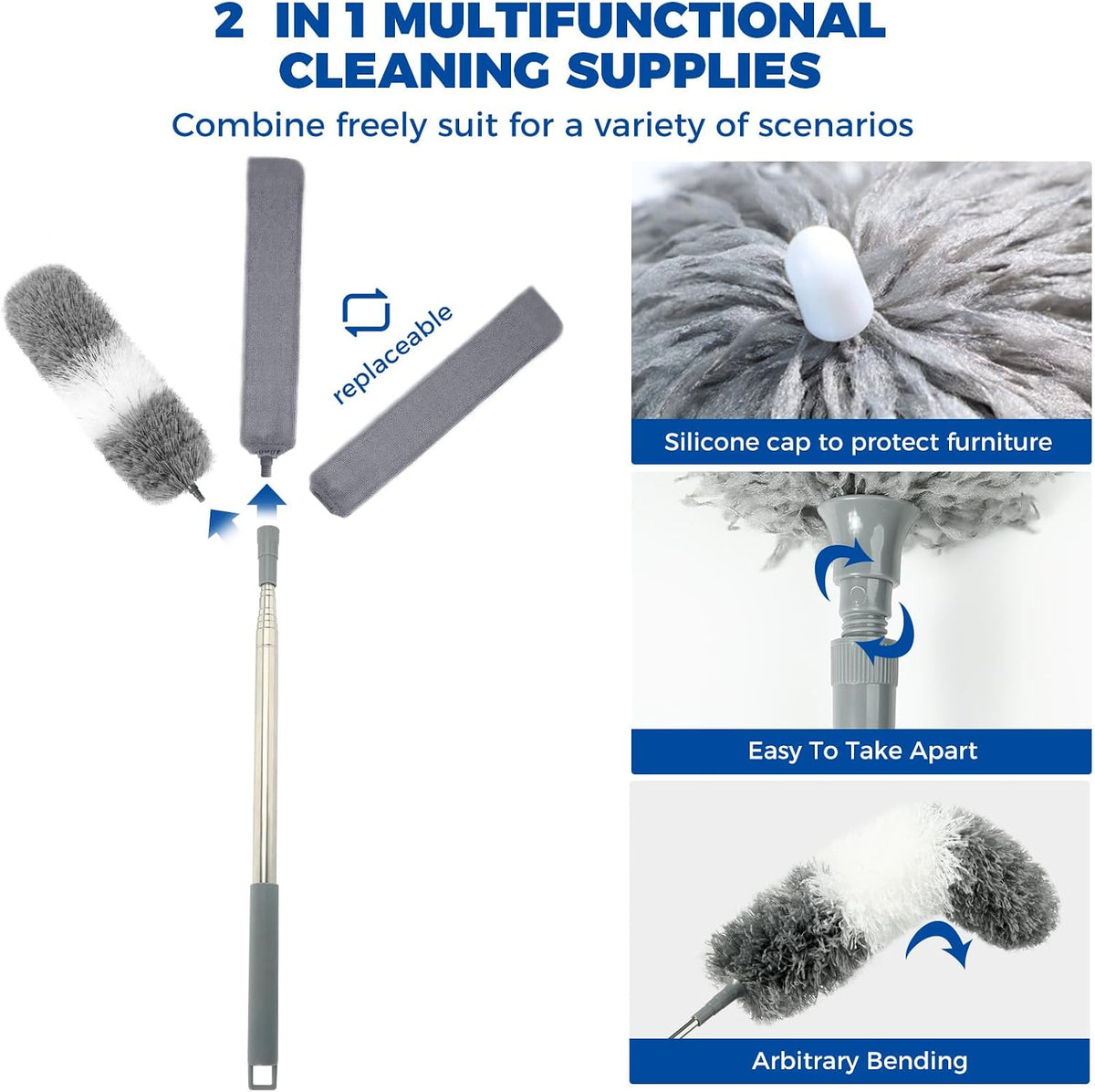 4 Pcs Dusters for Cleaning, 2 in 1 Microfiber Dusters and Retractable Gap Dust Cleaner with 1 Microfiber Dusting Cloths Long Handle 30-100 Inches Extension Pole for Ceiling Fan Cleaning Supplies