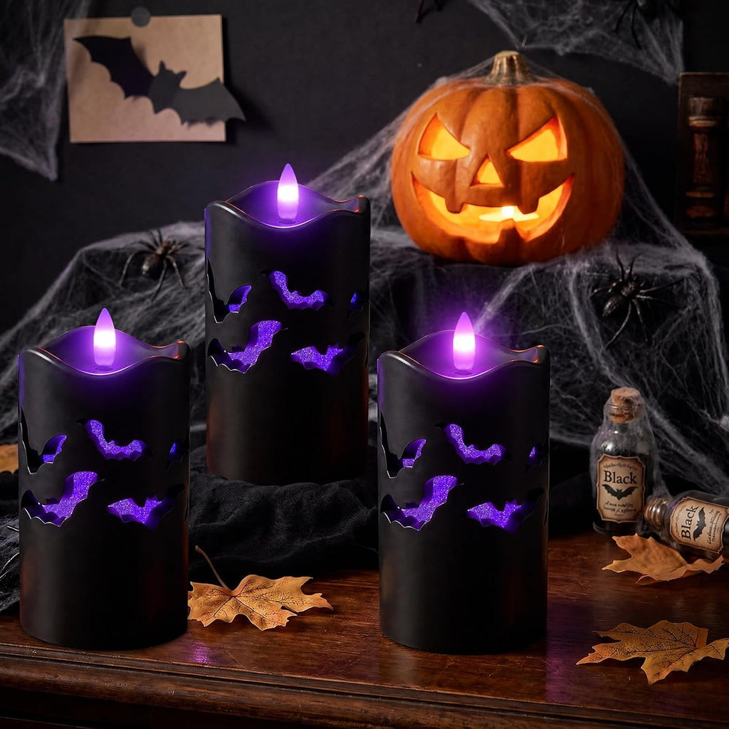 Halloween Flameless Pillar Candles with Bat Cutouts, Remote Control, 3 Pack