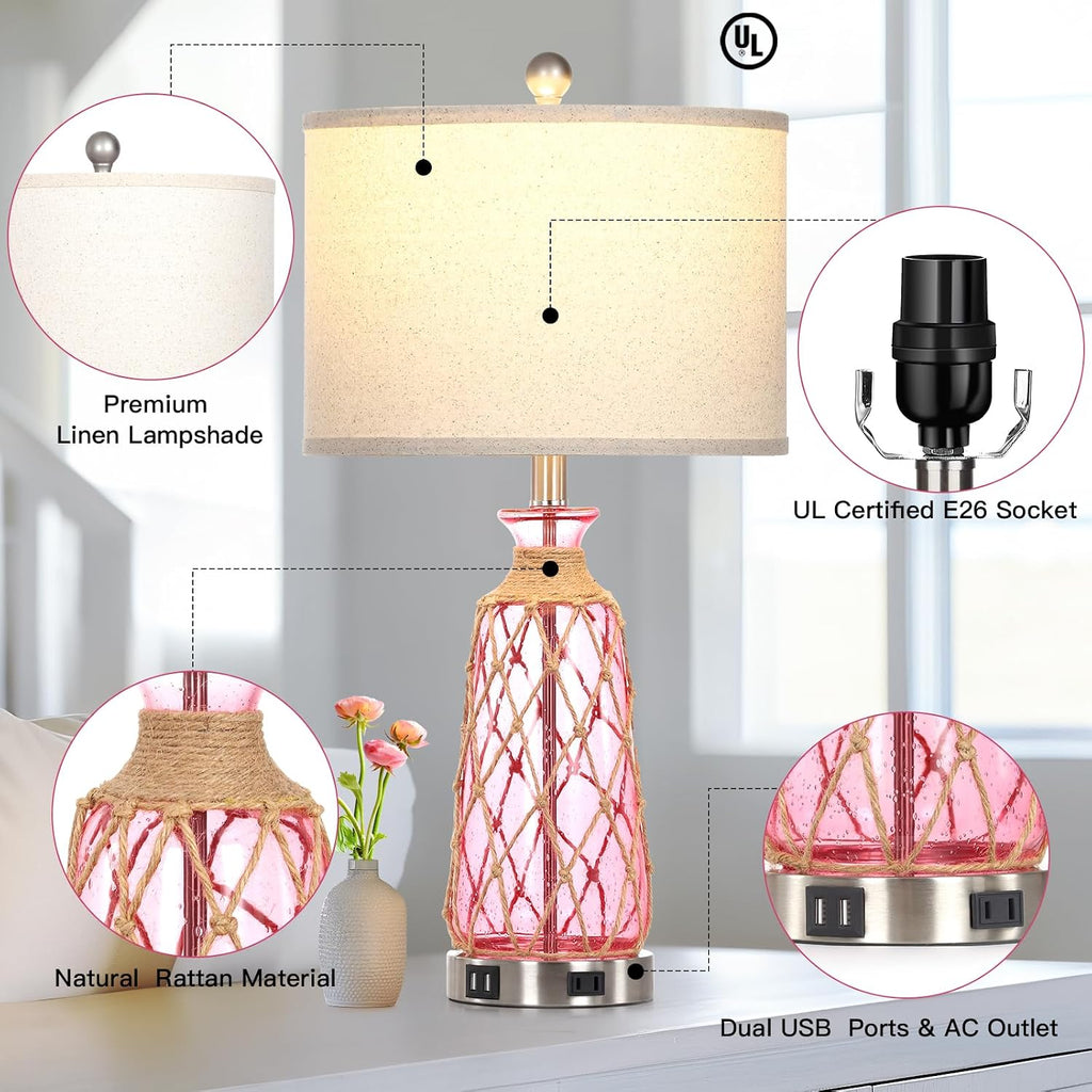 Ruzectt 25.5" Coastal Glass Table Lamps Set of 2, 3-Way Dimmable Touch Control Bedside Lamps with 2 USB Ports and AC Outlet, Pink Nautical Nightstand Lamps for Bedroom Living Room (LED Bulbs Included)