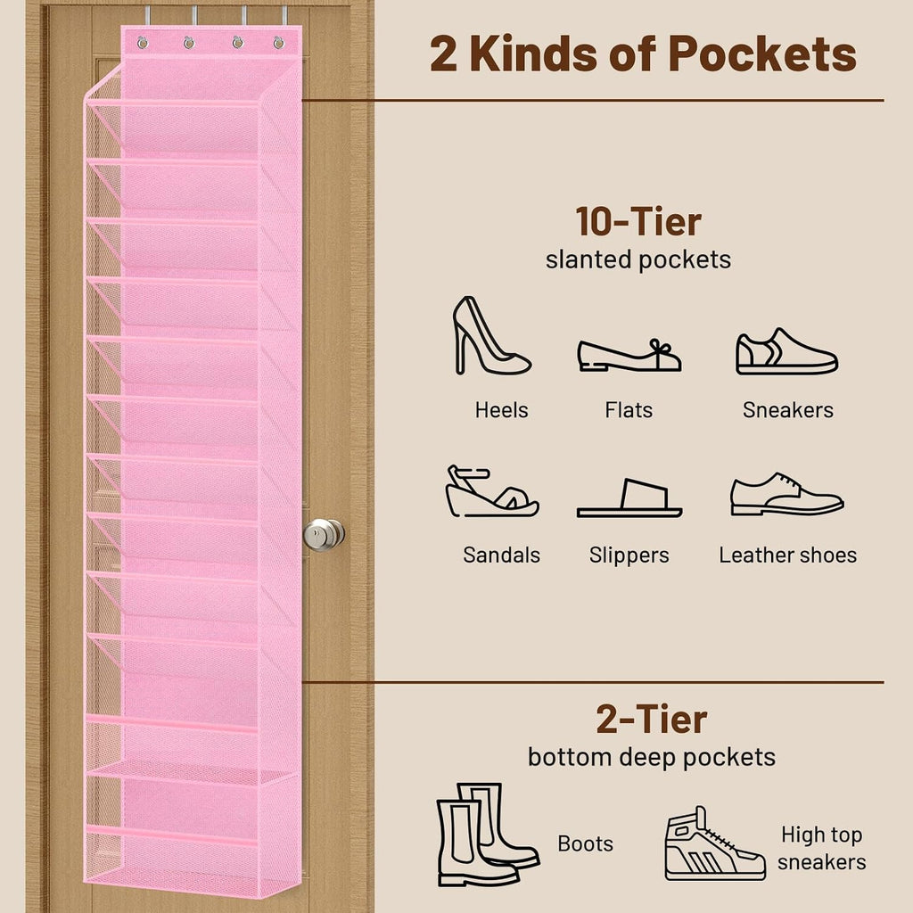 MISSLO 12 Tier Over the Door Shoe Organizer Breathable Mesh Hanging Shoe Rack for Closet Storage Shoe Holder for Door Fit 24 Pairs Sandals, Heels, Boots (Pink)