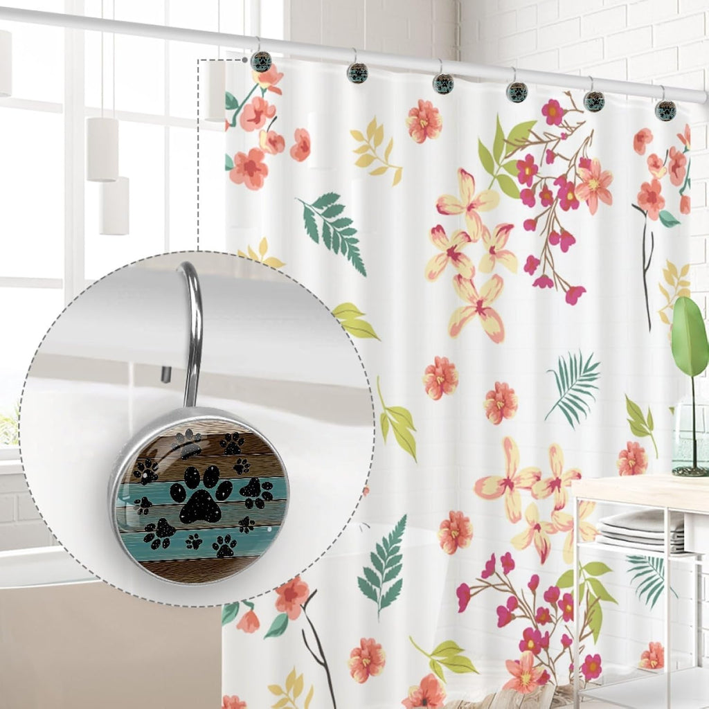12 Pcs Teal Brown Wood Grain Galaxy Paws Shower Curtain Hooks, Decorative Shower Curtain Rings for Bathroom, Stainless Steel Rustproof Curtain Rings Hangers for Shower Curtain Rod