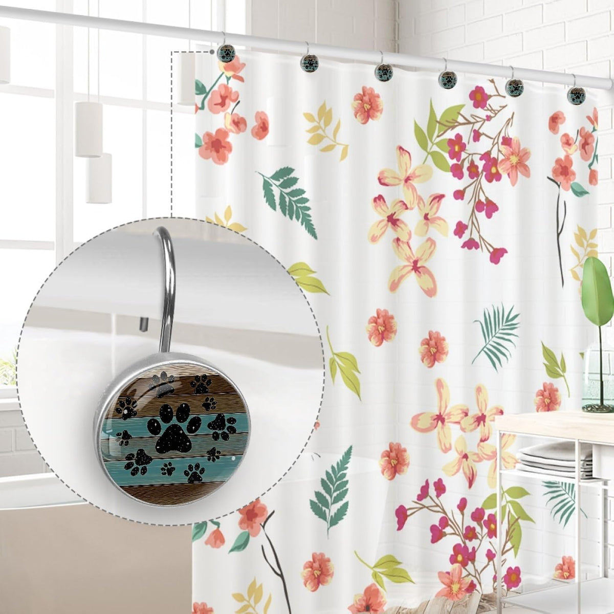 12 Pcs Teal Brown Wood Grain Galaxy Paws Shower Curtain Hooks, Decorative Shower Curtain Rings for Bathroom, Stainless Steel Rustproof Curtain Rings Hangers for Shower Curtain Rod