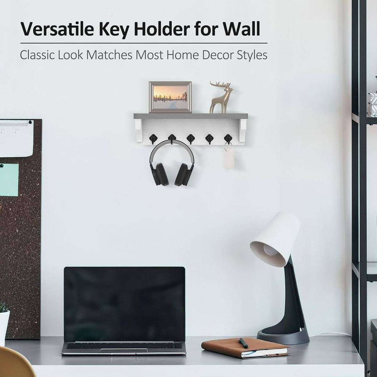 Nekon Key Holder for Wall, 11.8" W x 3.5" H x 2.8" D Wall Shelf, Gray