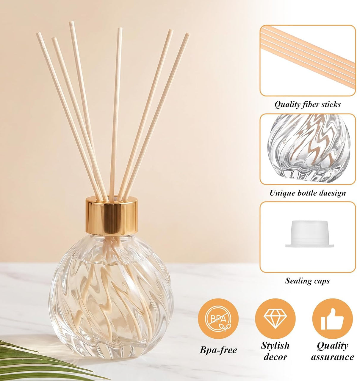 8 Pcs Bathroom Reed Diffuser Sets with 40 Natural Sticks, 3.4oz Empty Glass Bottles & Gold Caps, Bathroom Diffuser with Sticks for Home Office Aromatherapy Decor