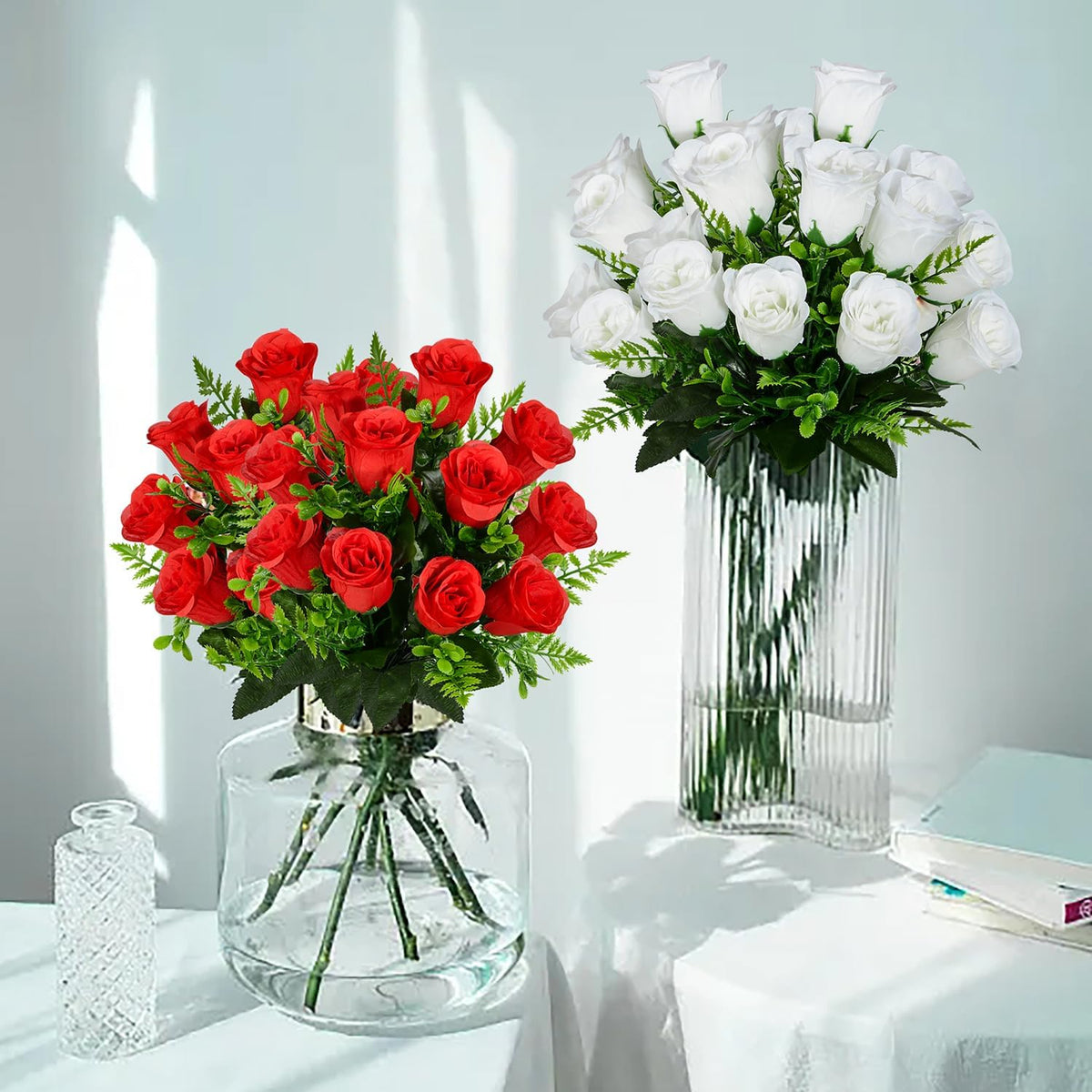 Artificial Rose Flowers Bouquet Realistic Silk Rose Fake Flowers for Wedding Home Centerpieces Party Cemetery Grave Decoration (4 Bouquets, White)