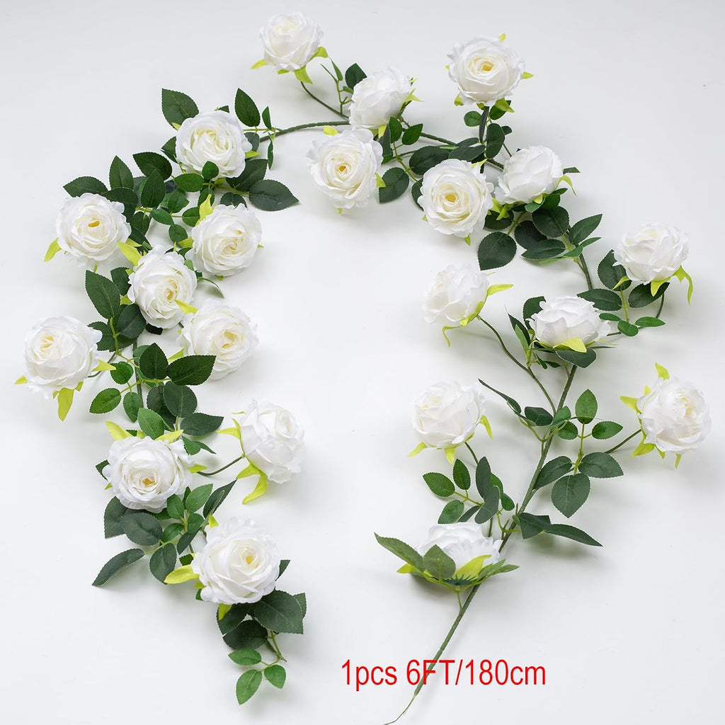 2Pcs 12Ft Bendable Flower Garland Faux Rose Vine for Wedding Decor,White