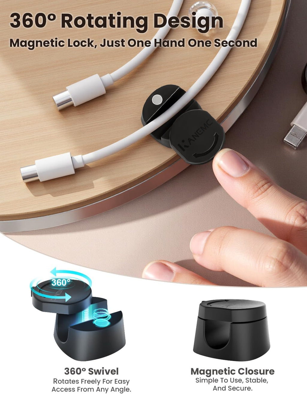 Kanemc 6 Pack Rotatable Cord Organizer,360°Spin Magnetic Cord Holder
