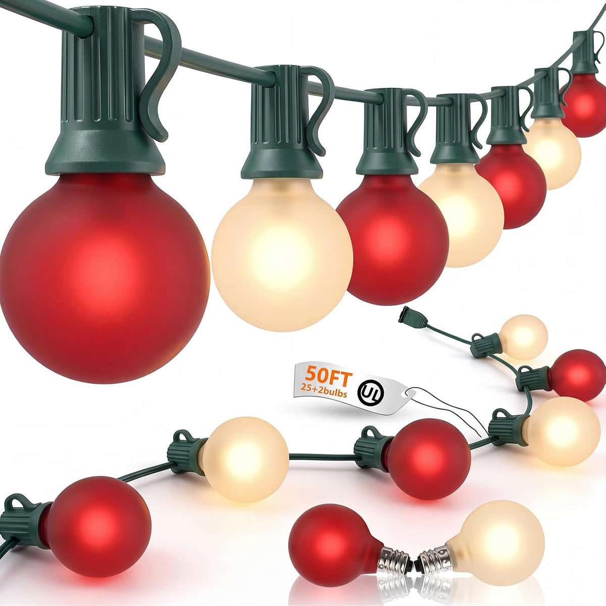 50FT 25 LED Frosted Red and White Christmas Lights Outdoor, G40 Globe Bulbs