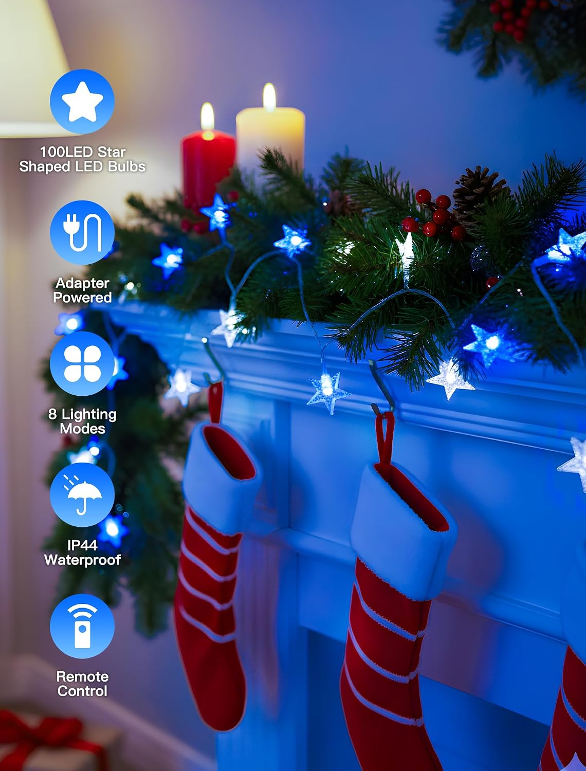 39FT 100 LED Blue White Star String Lights Plug in