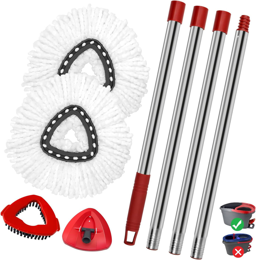 Spin Mop Handle Mop Heads Mop Base Mop Scruby Brush Replacement Sets Combo Compatible with Ocedar EasyWring 1 Tank Spin Mop System (1 Sets Stainless Steel Mop Handle +2 White Heads +1 Base +1 Brush)