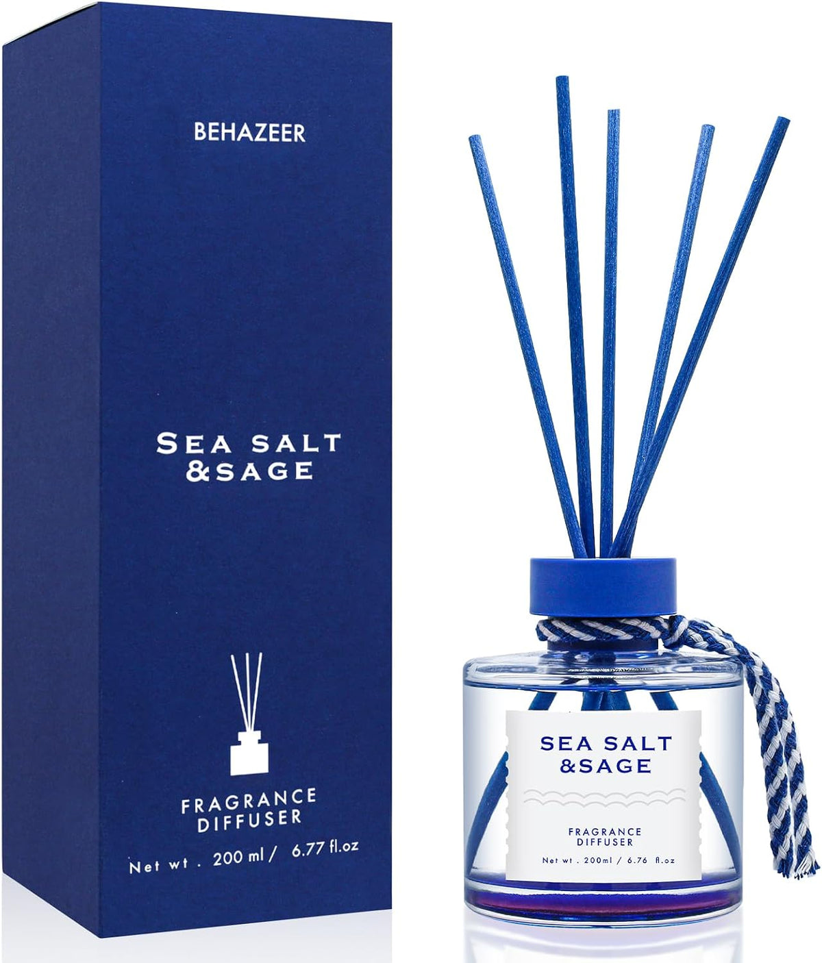 Sea Salt Reed Diffuser, 6.77OZ/200ML Large Capacity Natural Non-Toxic Oil, Long-Lasting Fragrance Reed Diffusers Set for Home and Bathroom, Aroma with 5 Reed Diffuser Sticks