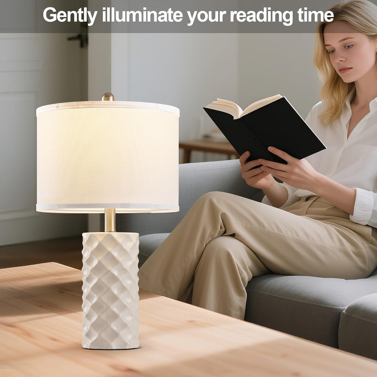 Star Diamond Ceramic Table Lamps Set of 2 - Beige Nightstand Lamps 23"