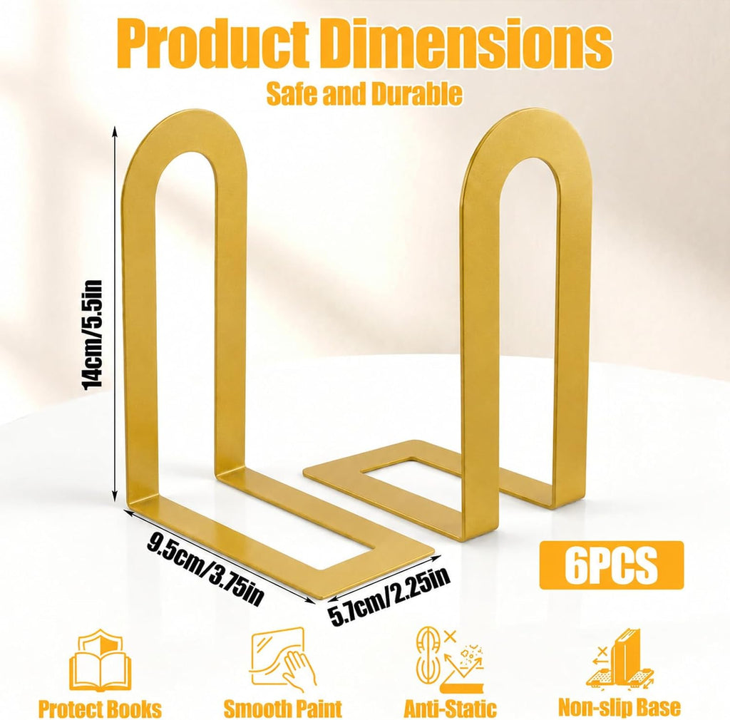 6 Pcs Modern Metal Bookends for Shelves, 5.5 x 3.75 x 2.25inch, Gold