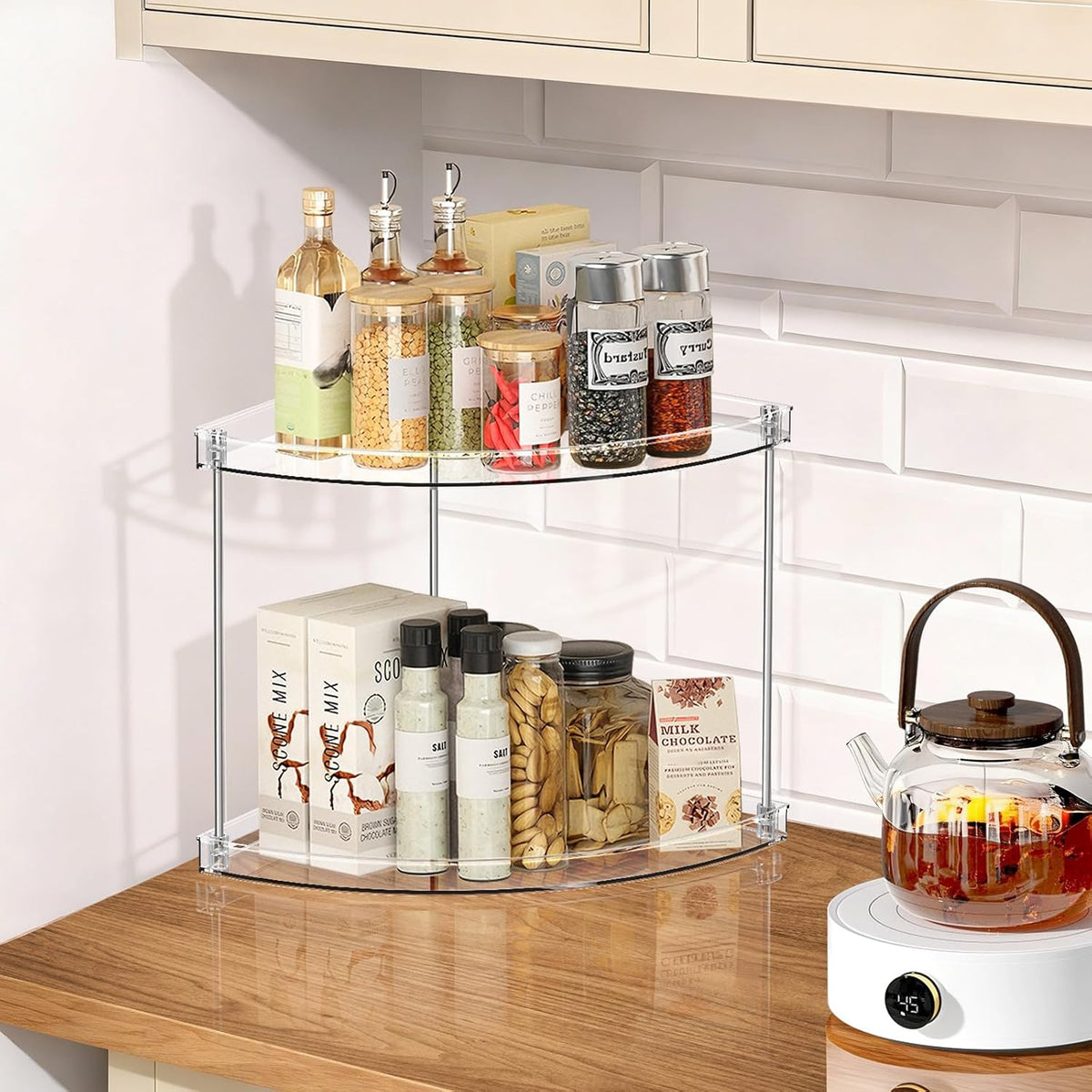 2 Tier Corner Bathroom Counter Organizer, Clear, Triangular