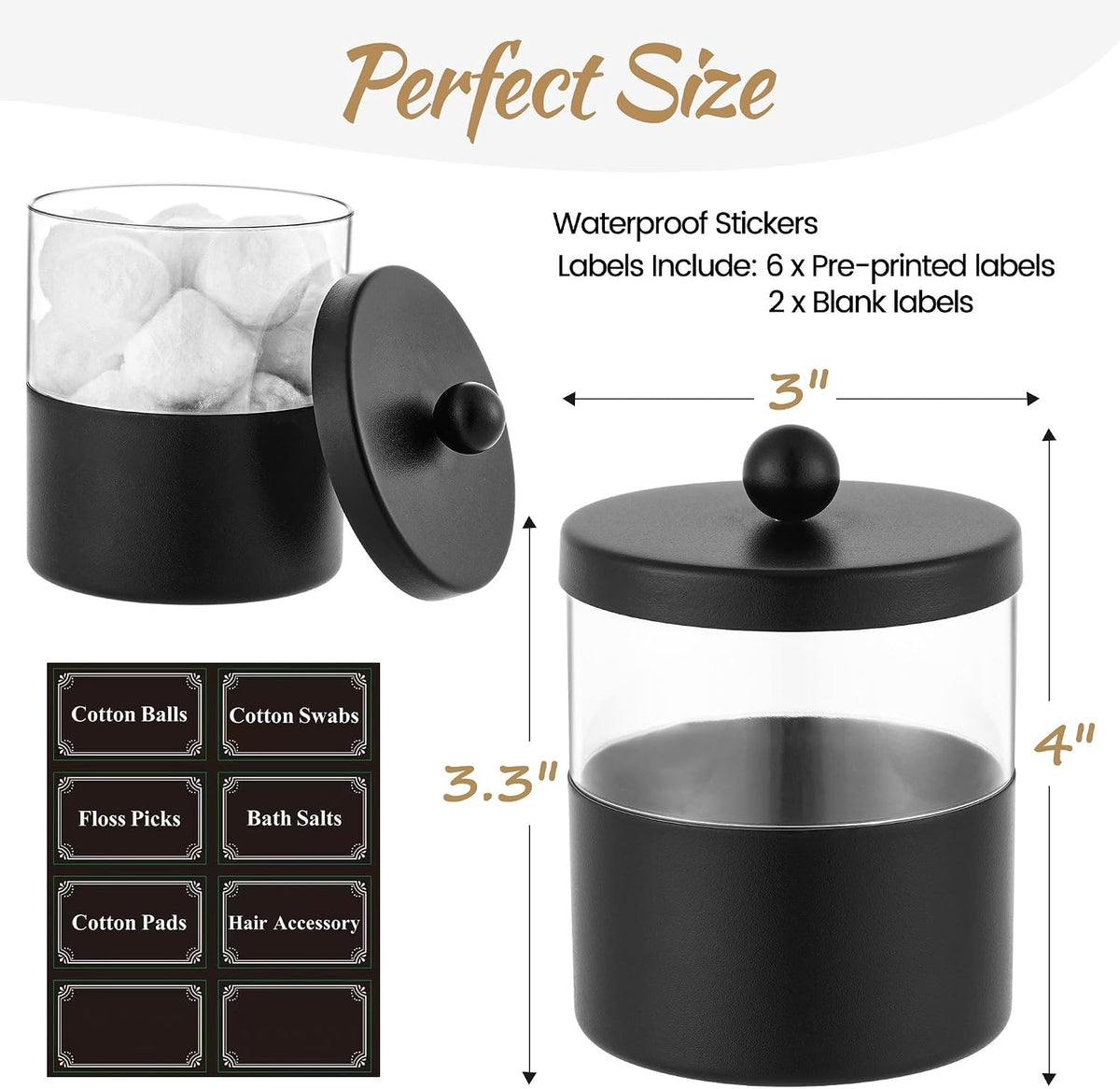 Gaussra Black Apothecary Jar, Black Qtip Holder, Bathroom Jar with Stickers
