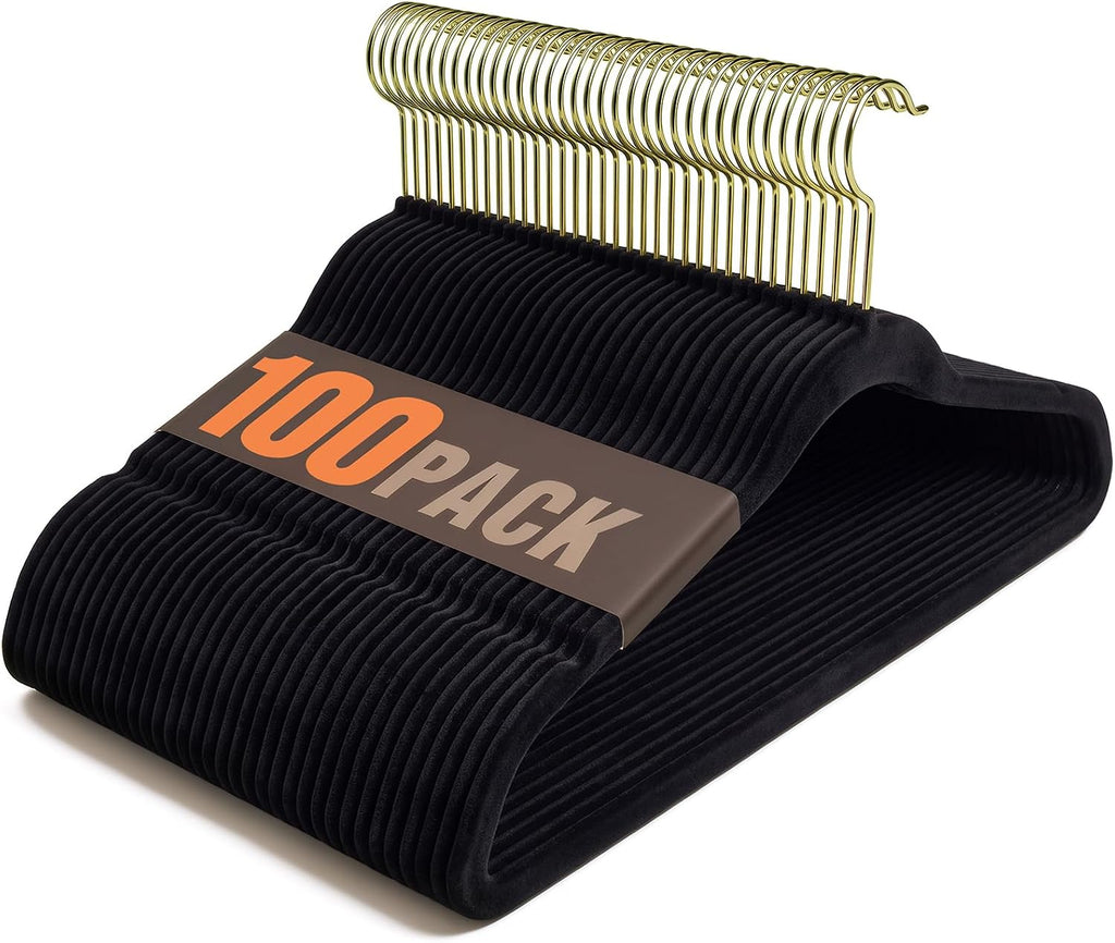 Flottian 100 Pack Black Velvet Hangers Non Slip,Felt Hangers with Gold Hook