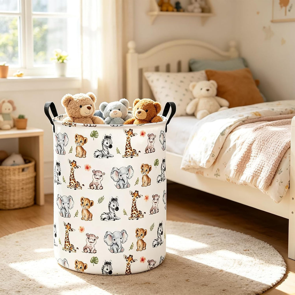Round Collapsible Laundry Hamper with Handles, Jungle Animal Print