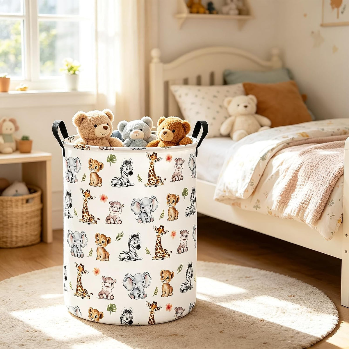 Round Collapsible Laundry Hamper with Handles, Jungle Animal Print