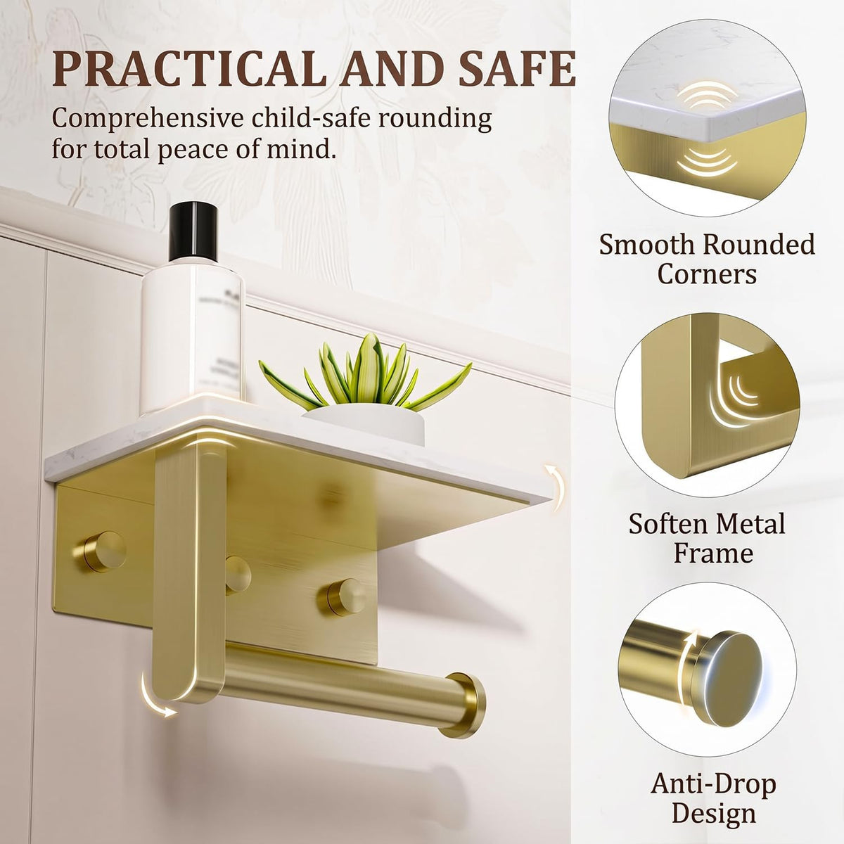 BWE Brushed Gold Toilet Paper Holder with Marble Shelf Wall Mounted