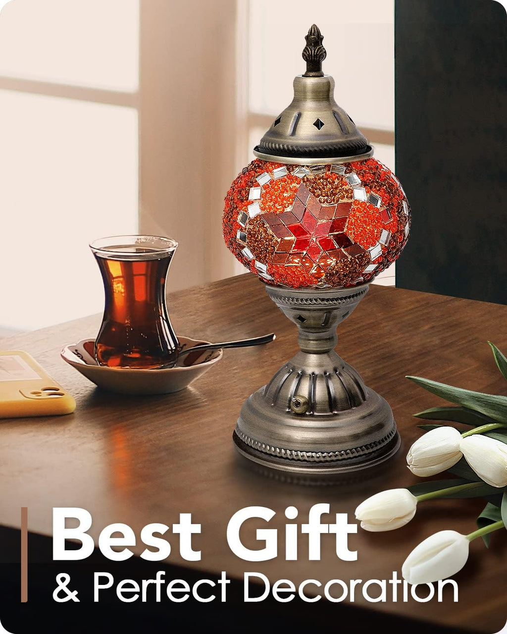 Yarra-Decor Turkish Moroccan Lamp with Bronze Base Handmade Tiffany Mosaic Glass Lamps Portable Bedside Lamps with Rechargeable Battery 2000mAh (LED Bulb Included) (Red2)