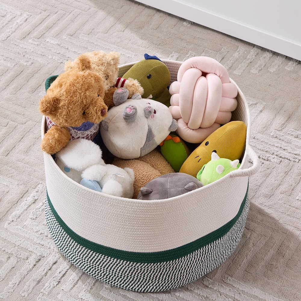 Luxury Little Extra Large Nursery Storage Basket, 20 x 20 x 13.8 inches - 100% Cotton Rope Baskets with Handles, Blanket Basket for Toys, Blankets & Pillows (Green)