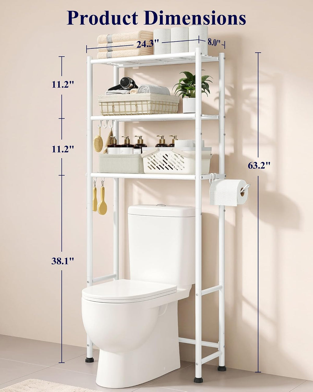Kitsure Over Toilet Storage Rack, Sturdy Metal, 3 Tier Shelves, 61.0" H