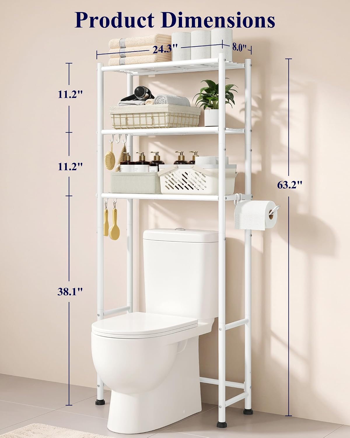 Kitsure Over Toilet Storage Rack, Sturdy Metal, 3 Tier Shelves, 61.0" H