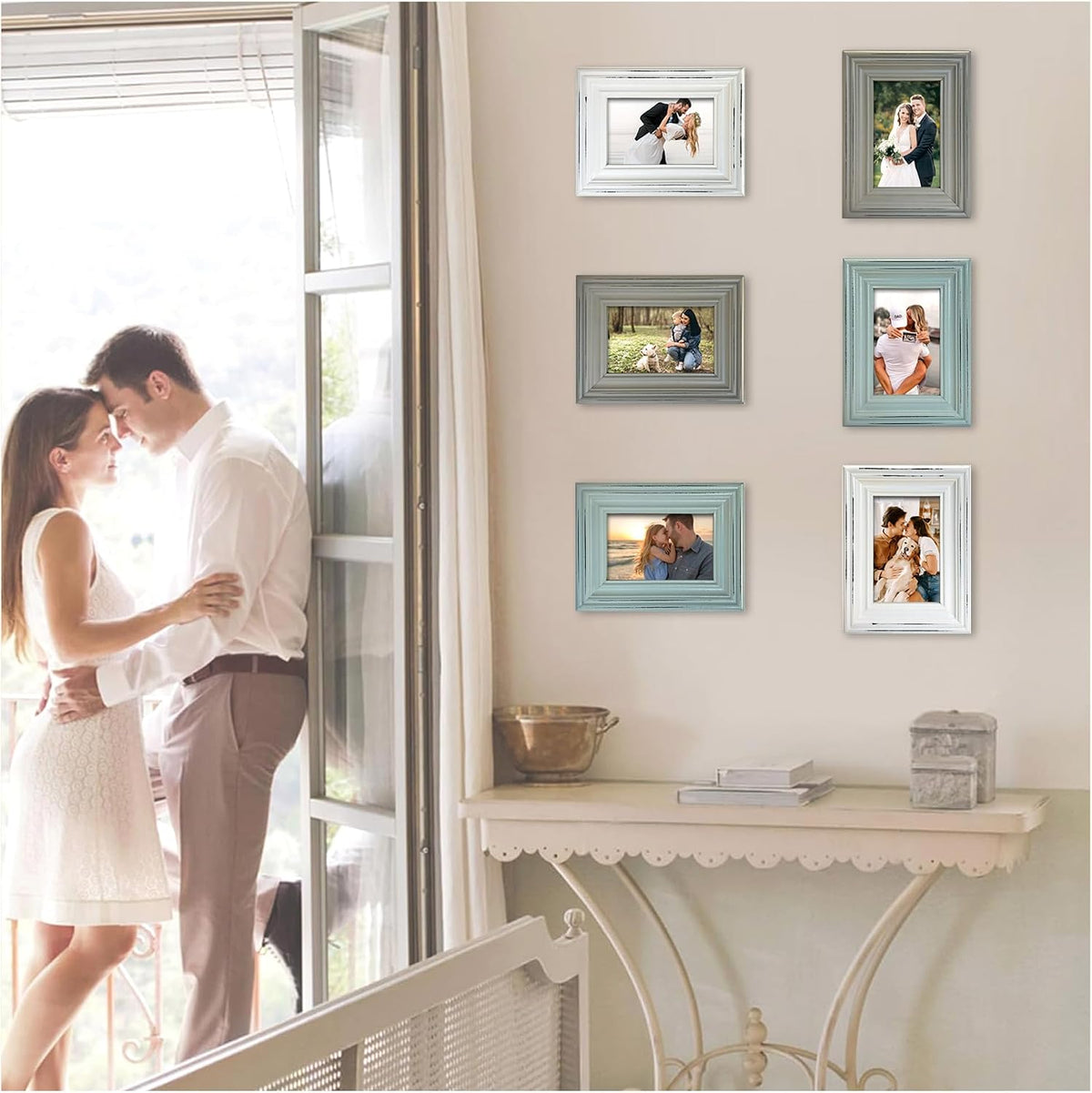 Distressed Shabby Chic 4"x6" Wooden Picture Frames 3pcs (Aqua Gray White)