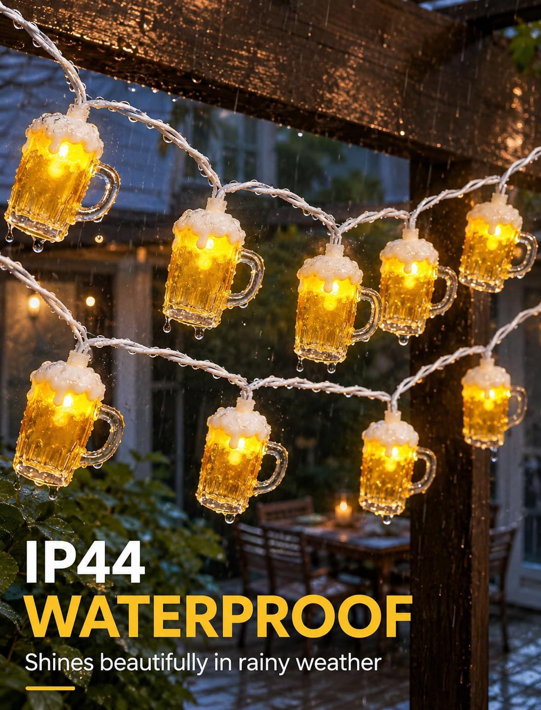 Beer String Lights Outdoor, 12.5FT Summer Decorative Camping String Lights with 10 3D Beer Mug Lights, Plug in Connectable Novelty Fairy Lights for Tropical Themed Wedding Bistro Bar Party Decor