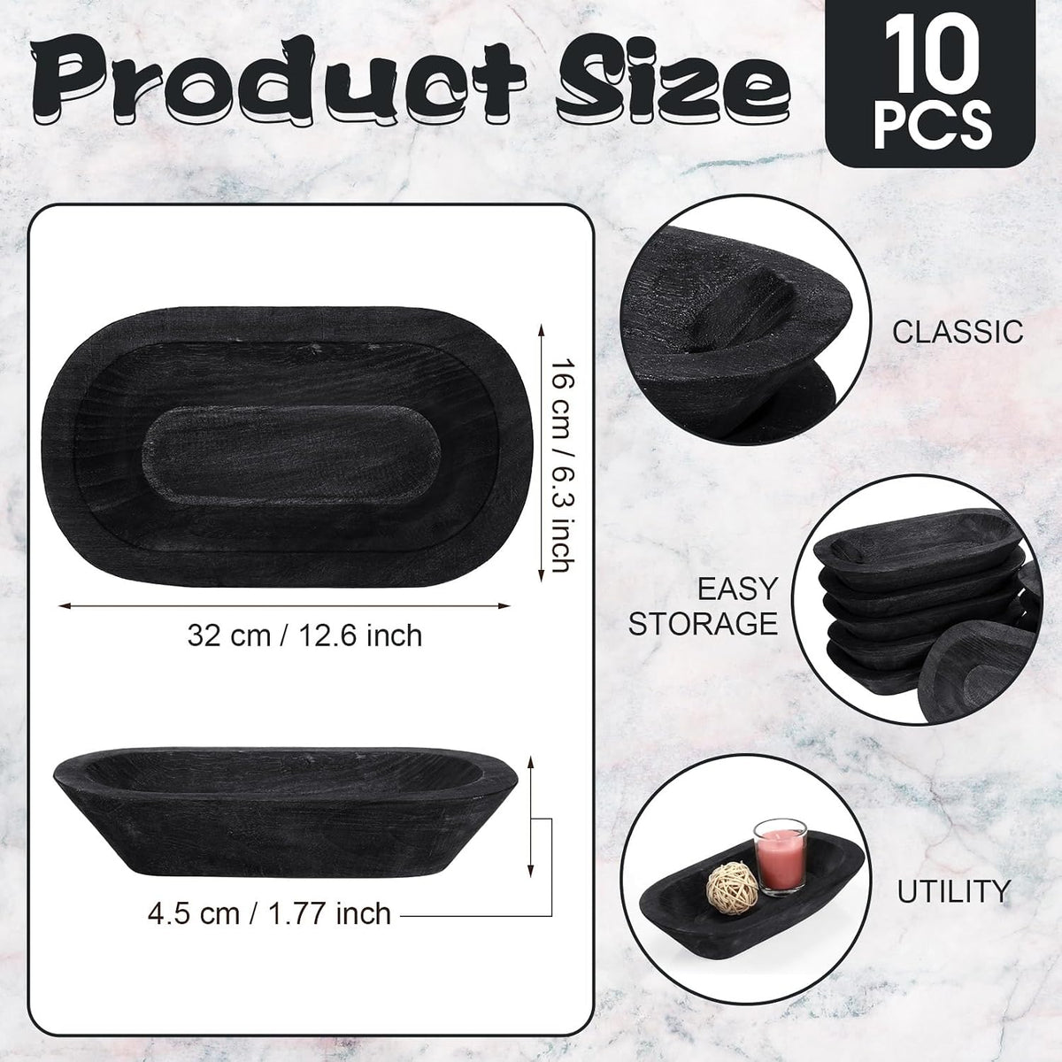 Nuogo 10 Pack 12.5 Inches Wooden Dough Bowls Bulk Rustic Bowls, Black