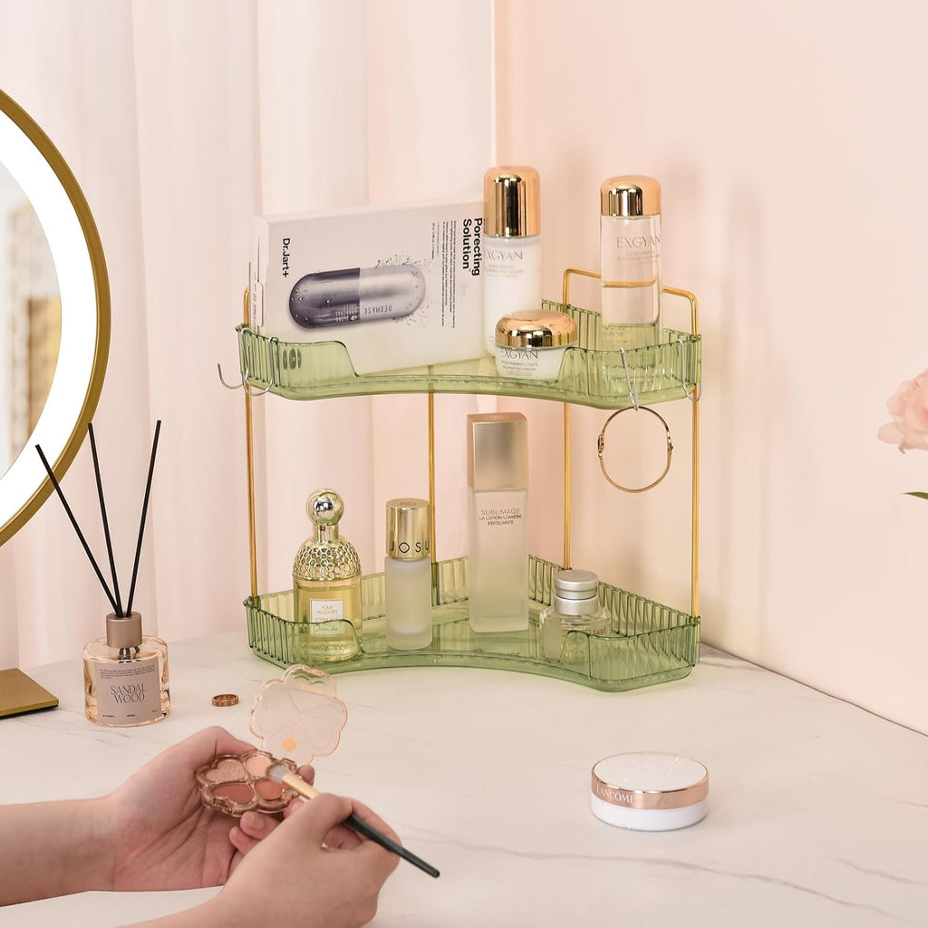 2-Tier Corner Bathroom Organizer Countertop with Hooks, for Makeup, Perfume