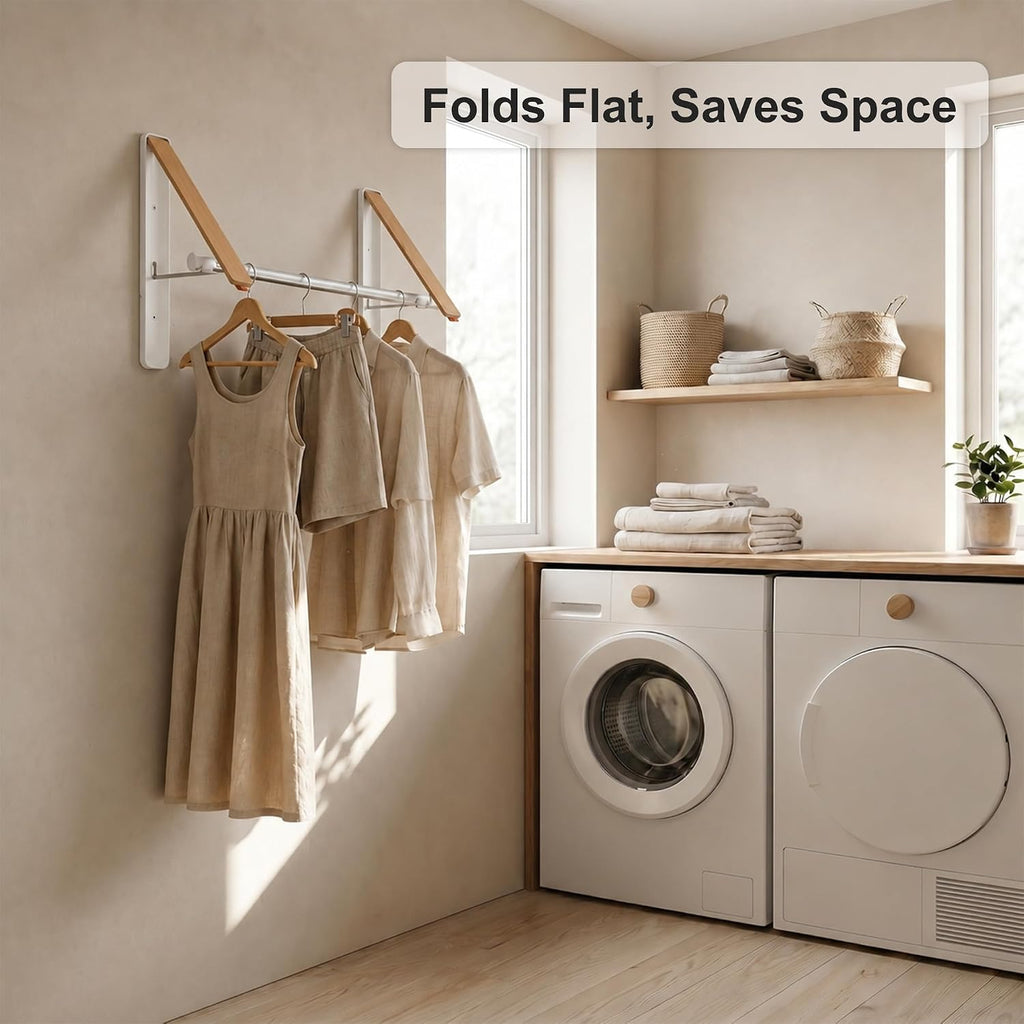 RFOUO Foldable Wall Mounted Clothes Drying Rack, 2 Picks with Rod