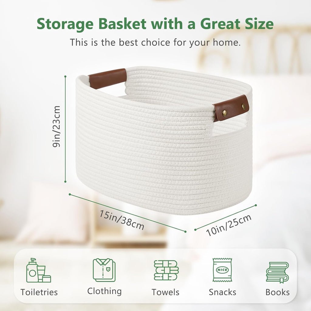 ECDYQXVU 15x10x9 Woven Cotton Rope Storage Basket, Leather Handles 2 Pack