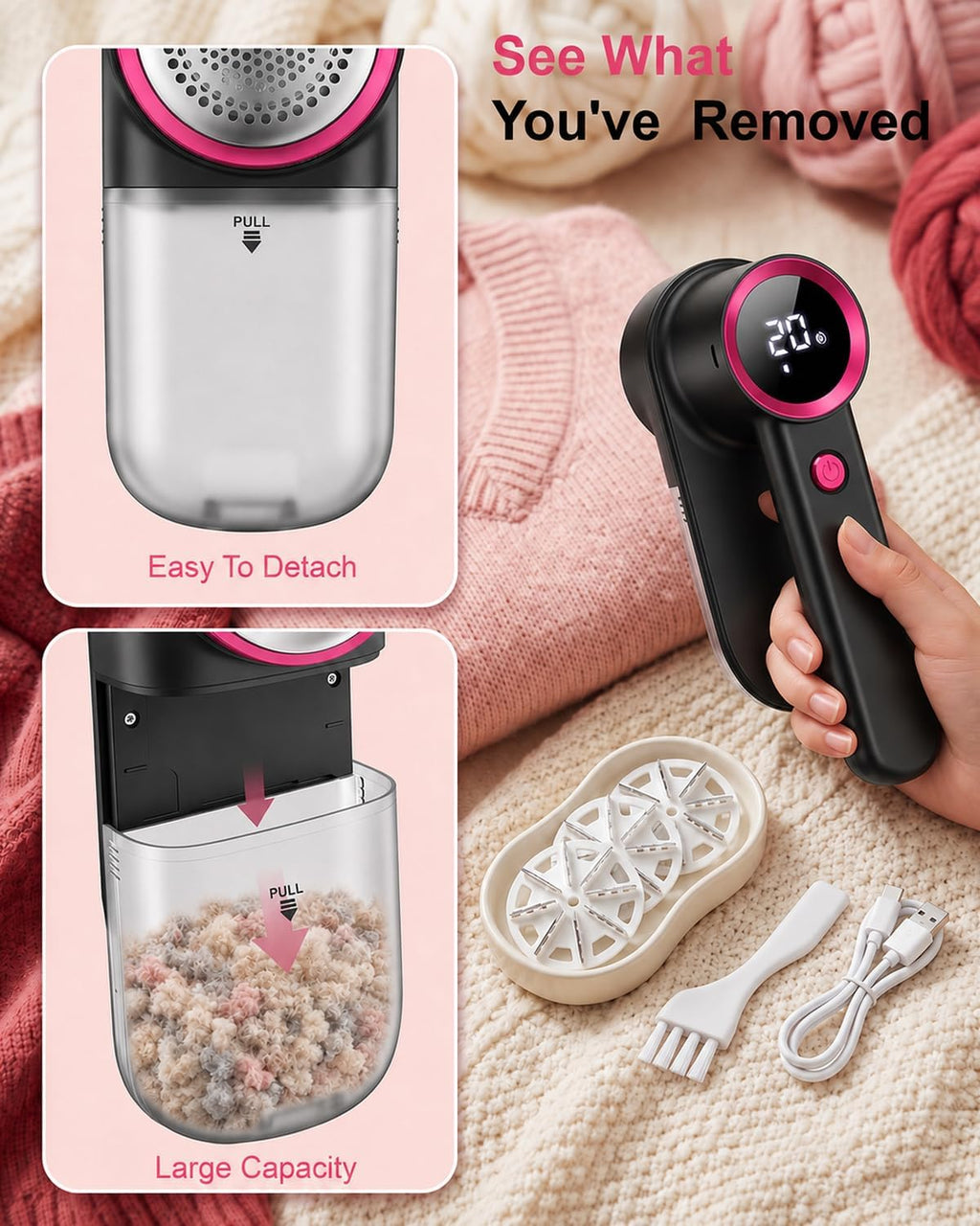 Rechargeable Fabric Shaver, Lint Shaver Built-in LED Light, 3 Extra Blades