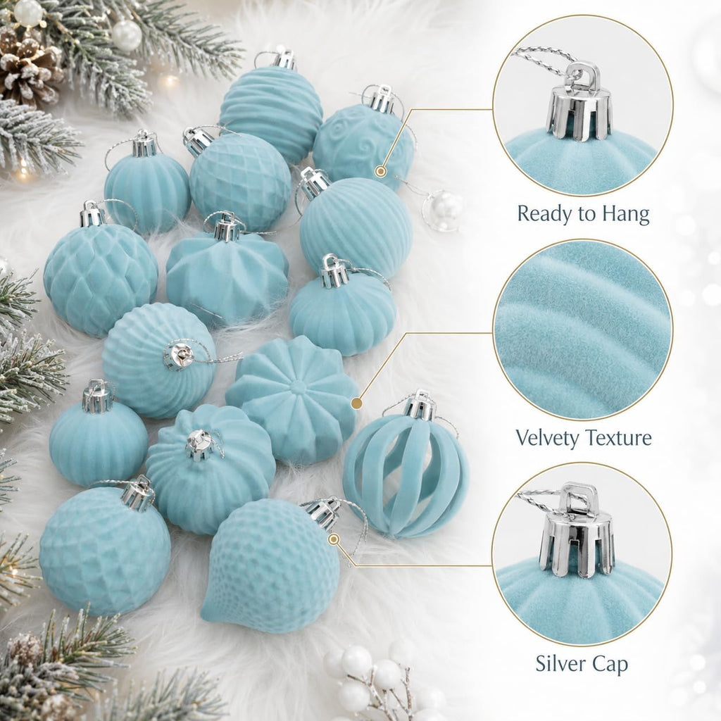 47 Pcs Velvet Christmas Ball Ornaments, Light Blue, 3 Sizes, Mixed Shapes