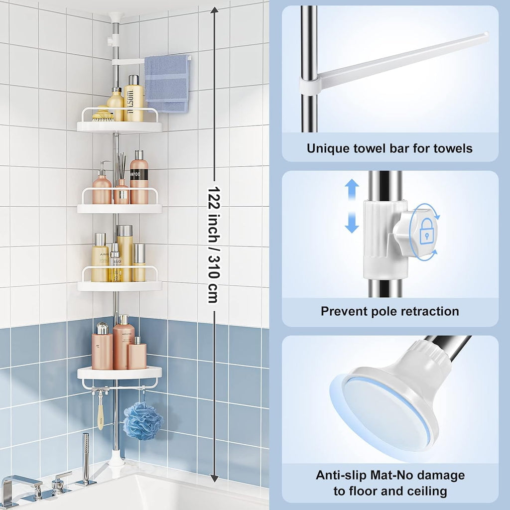 HAMITOR Corner Shower Caddy Tension Pole: Adjustable Stainless Steel Shower Organizer with 4 Tier Shelf for Bathroom Bathtub Tub Shampoo - Floor Standing Rack Bath Storage Holder with Rust Proof Rods