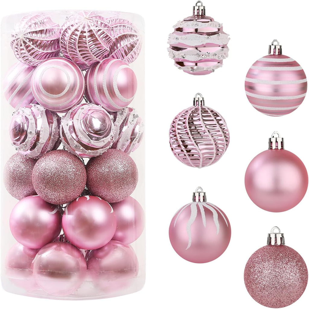 Sattiyrch Christmas Ball Ornaments 30ct, 60mm/2.36" Shatterproof Plastic Decorative Xmas Balls Ornaments Set (Pink)