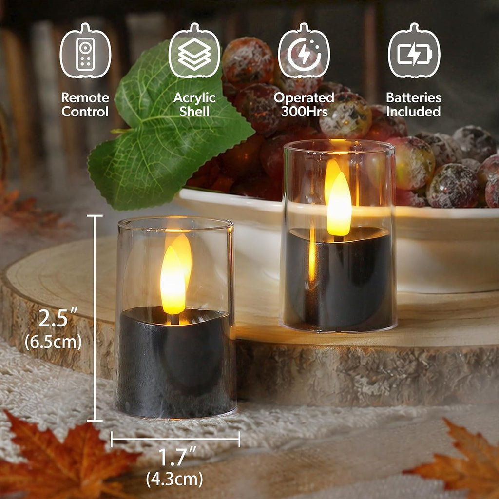 Flameless D: 1.7" H: 2.5" Small Tea Light LED Candles, Clear Acrylic Battery Operated Votive with Remote Control and Timer, Tealight Black Flickering Warm Light Pack of 8 Electric Halloween