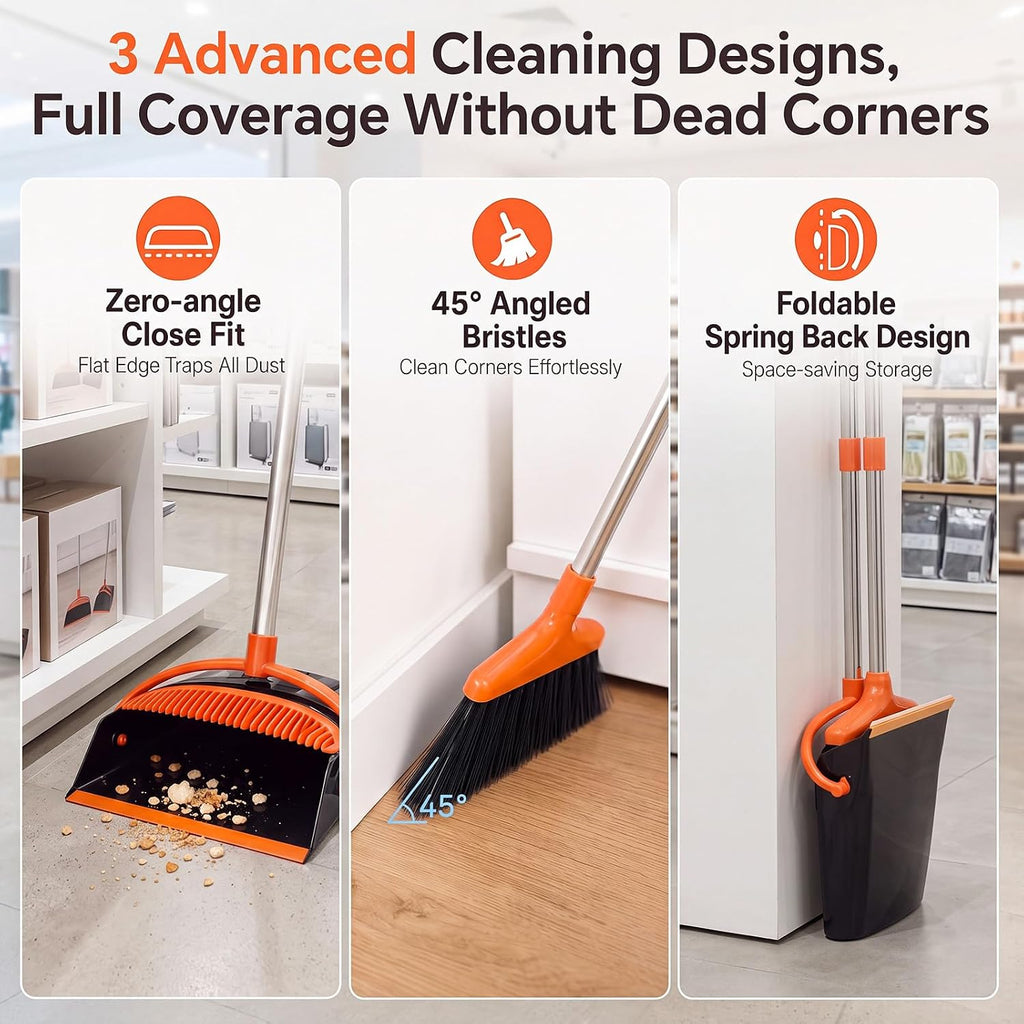 3 Pack Commercial Broom and Dustpan Set, 37.5" Long Handle Combo for Home