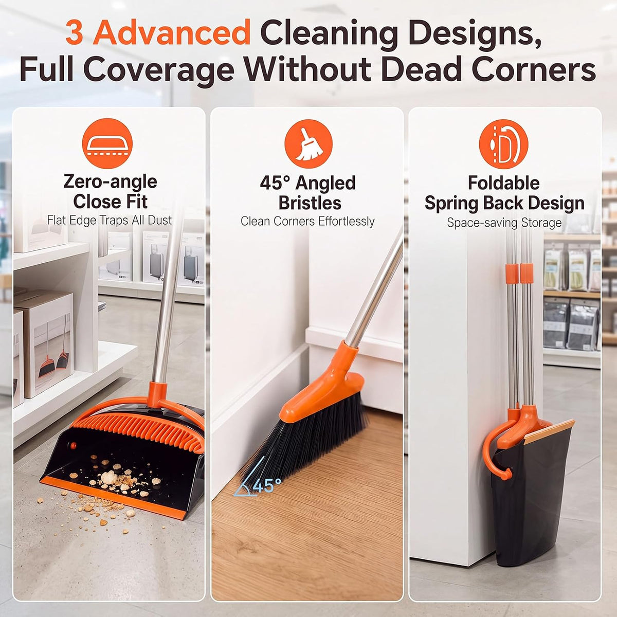 3 Pack Commercial Broom and Dustpan Set, 37.5" Long Handle Combo for Home