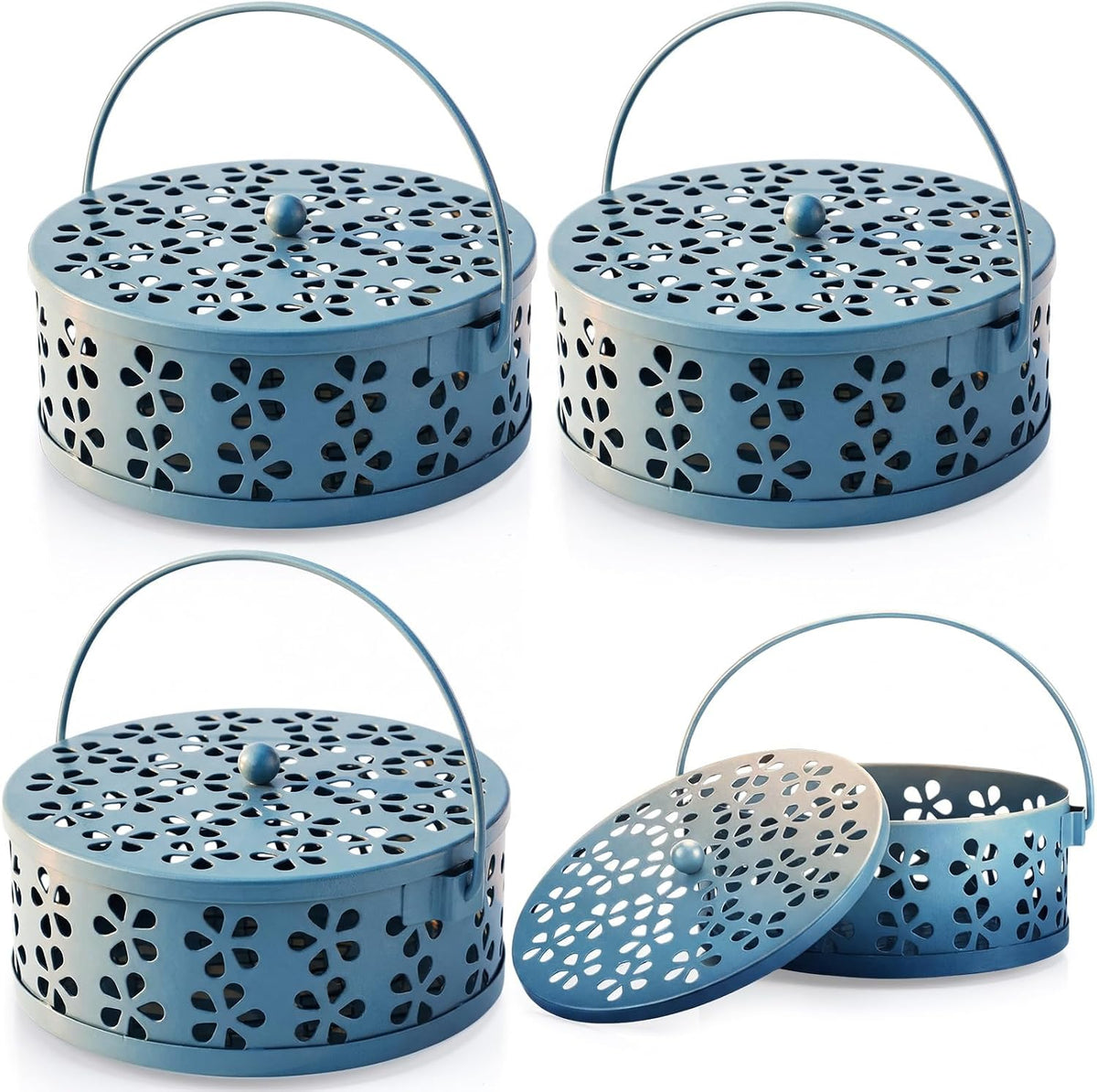 Lallisa 4 Pieces Mosquito Coil Holder Incense Coil Holder Retro Portable Round Metal Hanging Incense Burner Holders with Handle for Home Indoor Outdoor Camping Patio (Blue)