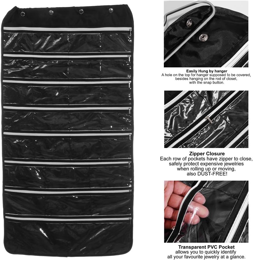56 Pockets Large Zippered Dual Sided Jewelry Hanging Organizer Necklace Earrings Bracelets Rings Accessories Storage Bag Wall Mounted Door Cabinet Hanger Holder Clear Pouch Display Foldable