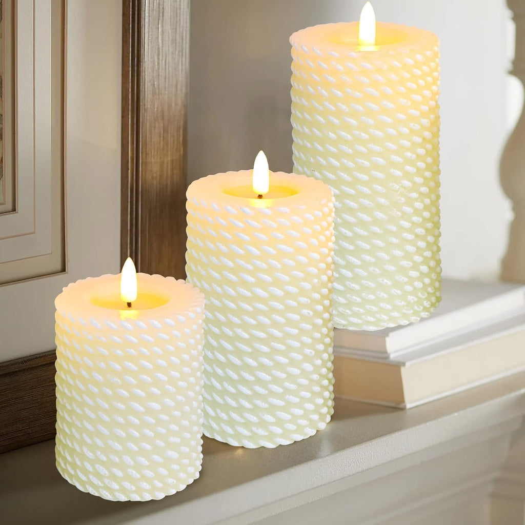 Crystal Club White Flameless Candles, Corded Pattern Carving Design