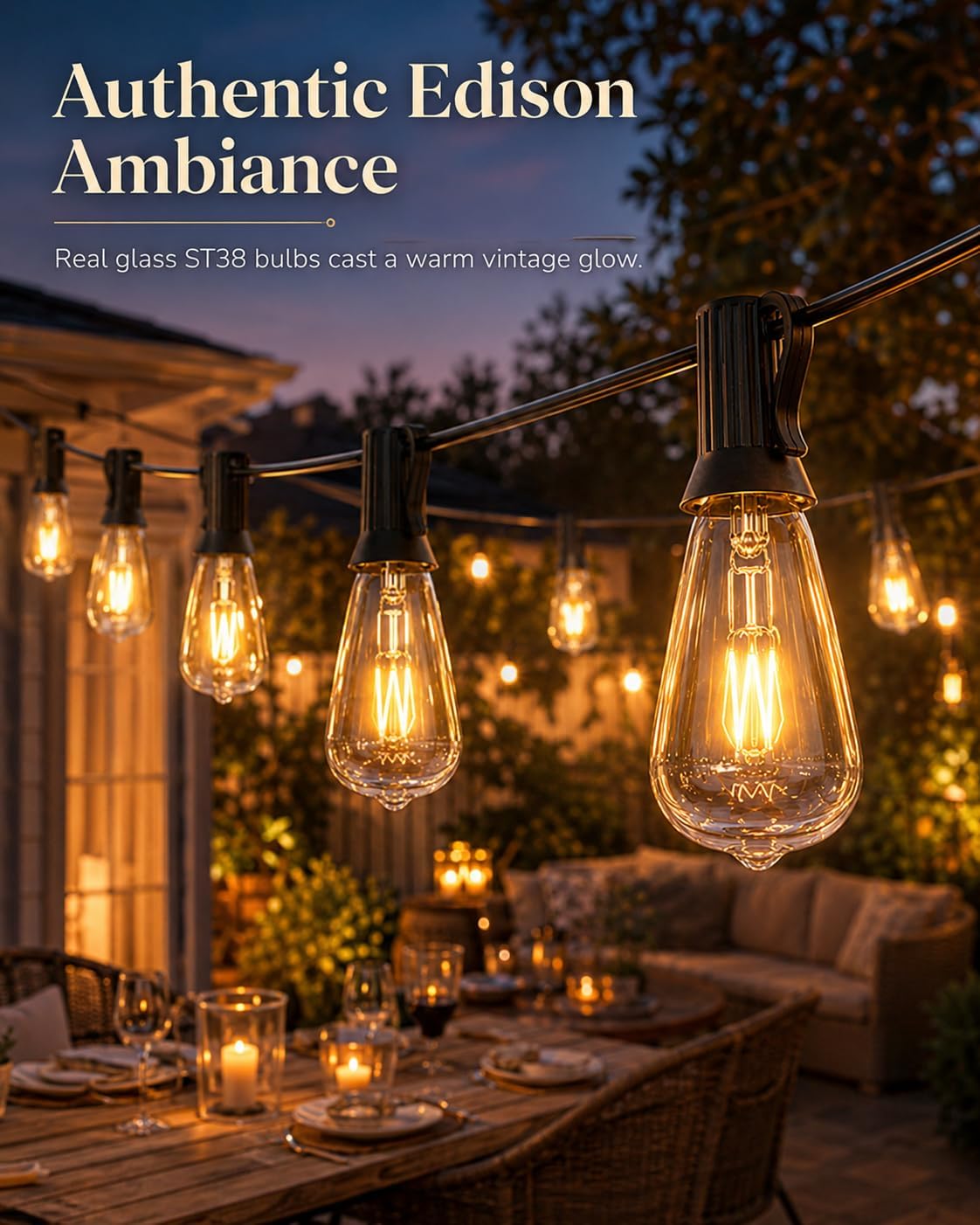 10FT ST38 Outdoor Edison String Lights with11 Clear Vintage Light Bulbs
