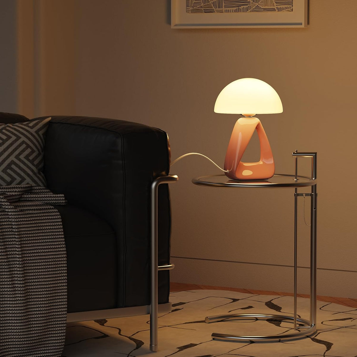 Mushroom Lamp, Small Table Lamp for Bedroom, Creative Geometric Ceramic Base Bedside Lamp, Mid Century Modern Side Table Lamp for Living Room Nightstand, Unique Aesthetic Home Decor Gift Ideas, Pink