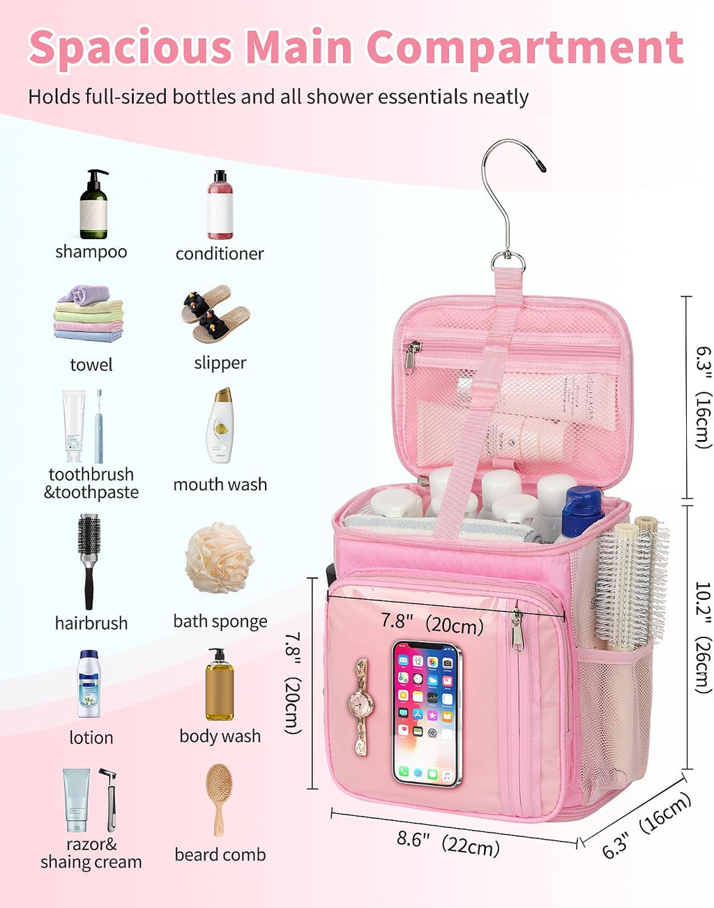 CUBETASTIC Mesh Shower Caddy Bag Portable - Large Capacity Shower Bag with Waterproof Phone Pocket & Sturdy Hook, Dorm Shower Caddy for Travel, Gym, College Essentials for Women & Men (Pink, M)