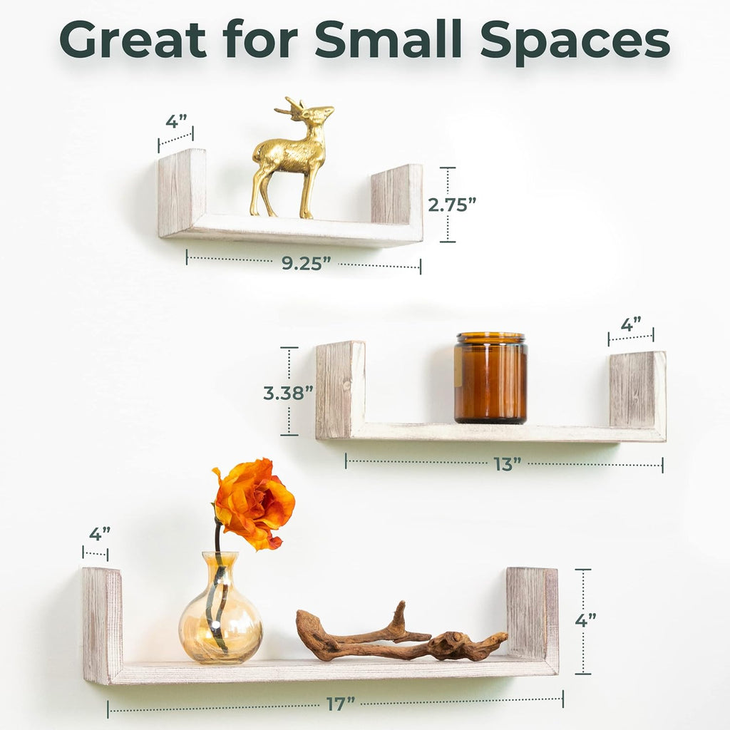 Greenco Set of 3 Floating “U” Shelves, Easy-to-Assemble Floating Wall Mount Shelves for Bedrooms and Living Rooms, Rustic Finish (Pack of 2)